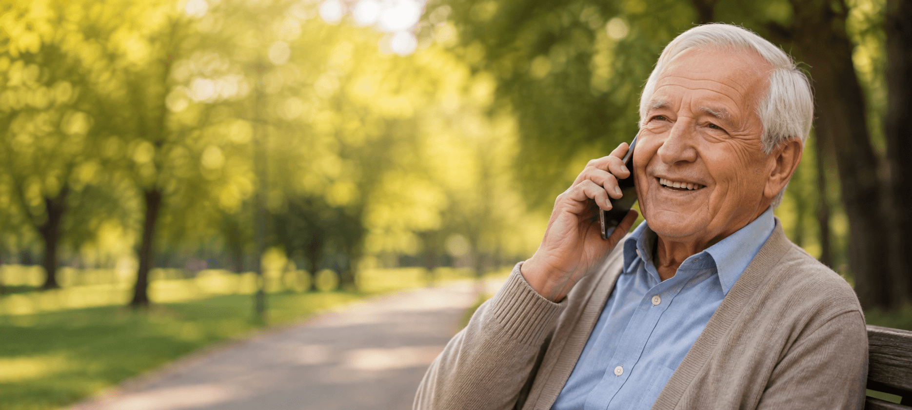 An older man laughing on the telephone, sitting on a park bench