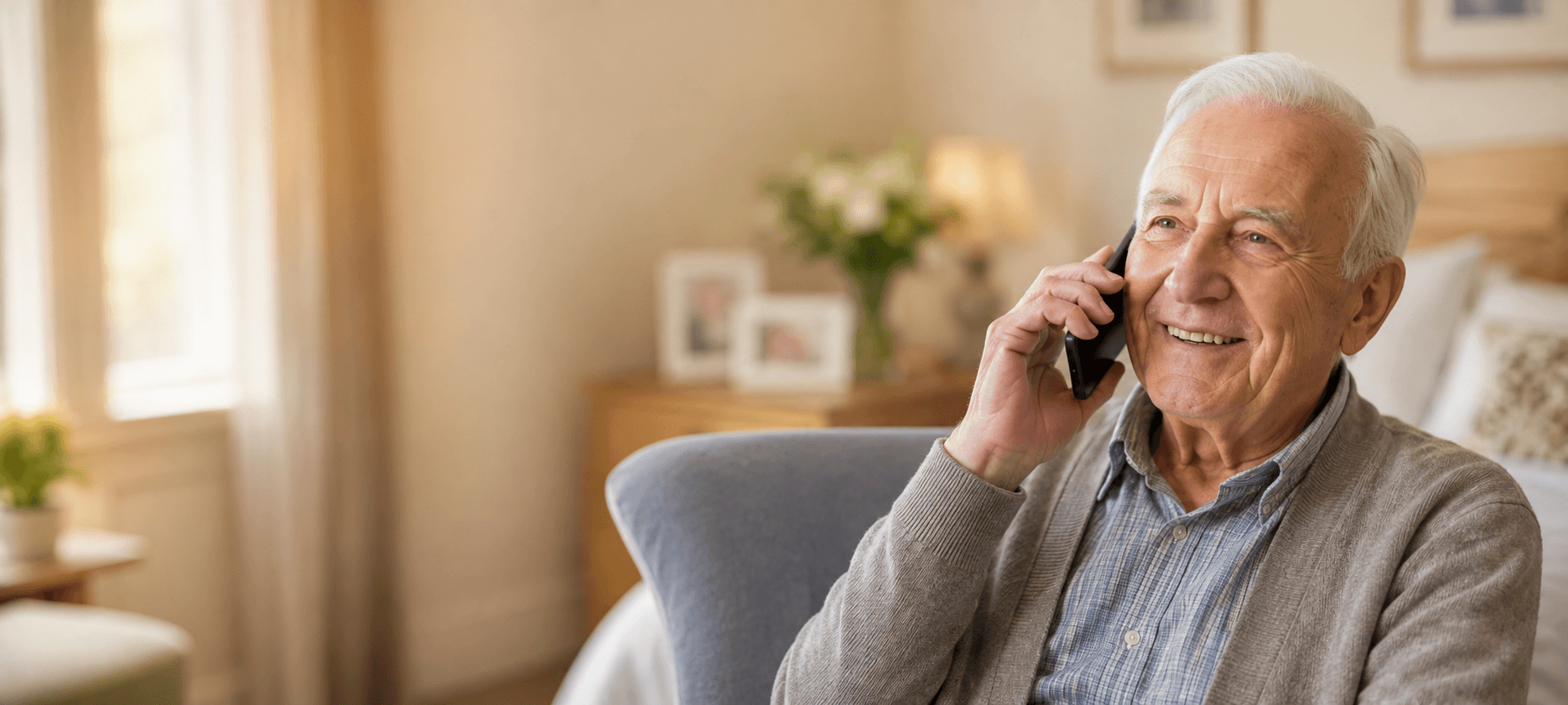 An older man smiling on the telephone, sitting in an armchair at home