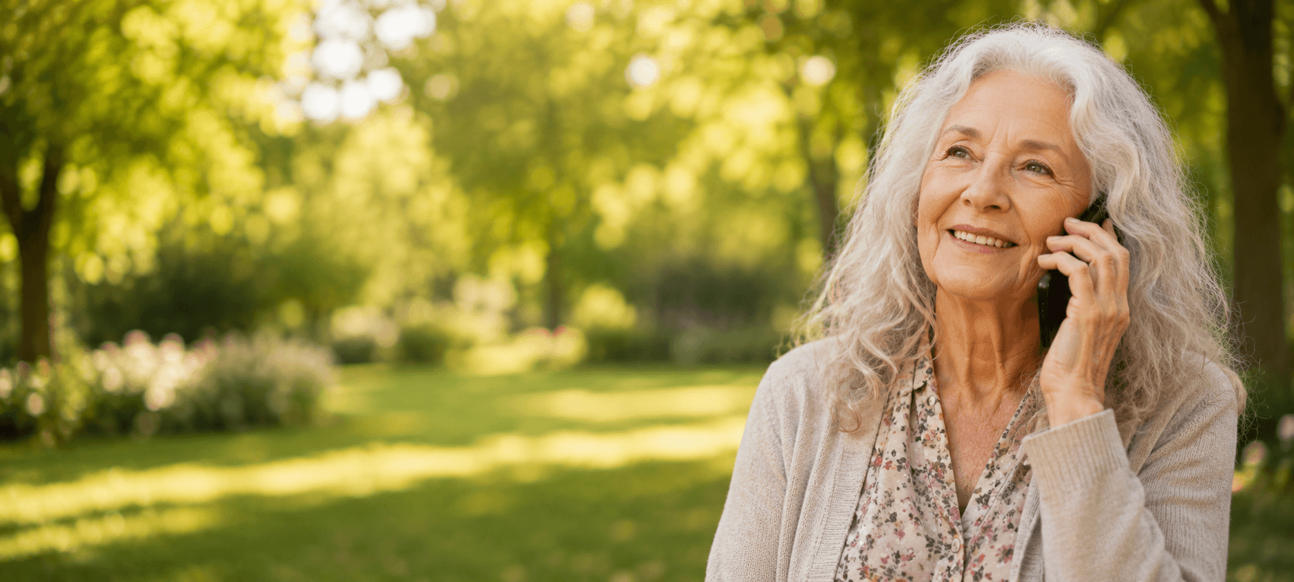 An older woman smiling on the telephone, outdoors in a sunlit park