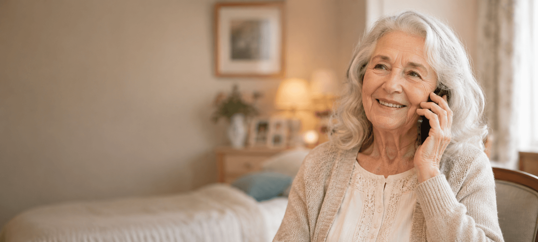 An older woman on the telephone at home, framed photographs behind her