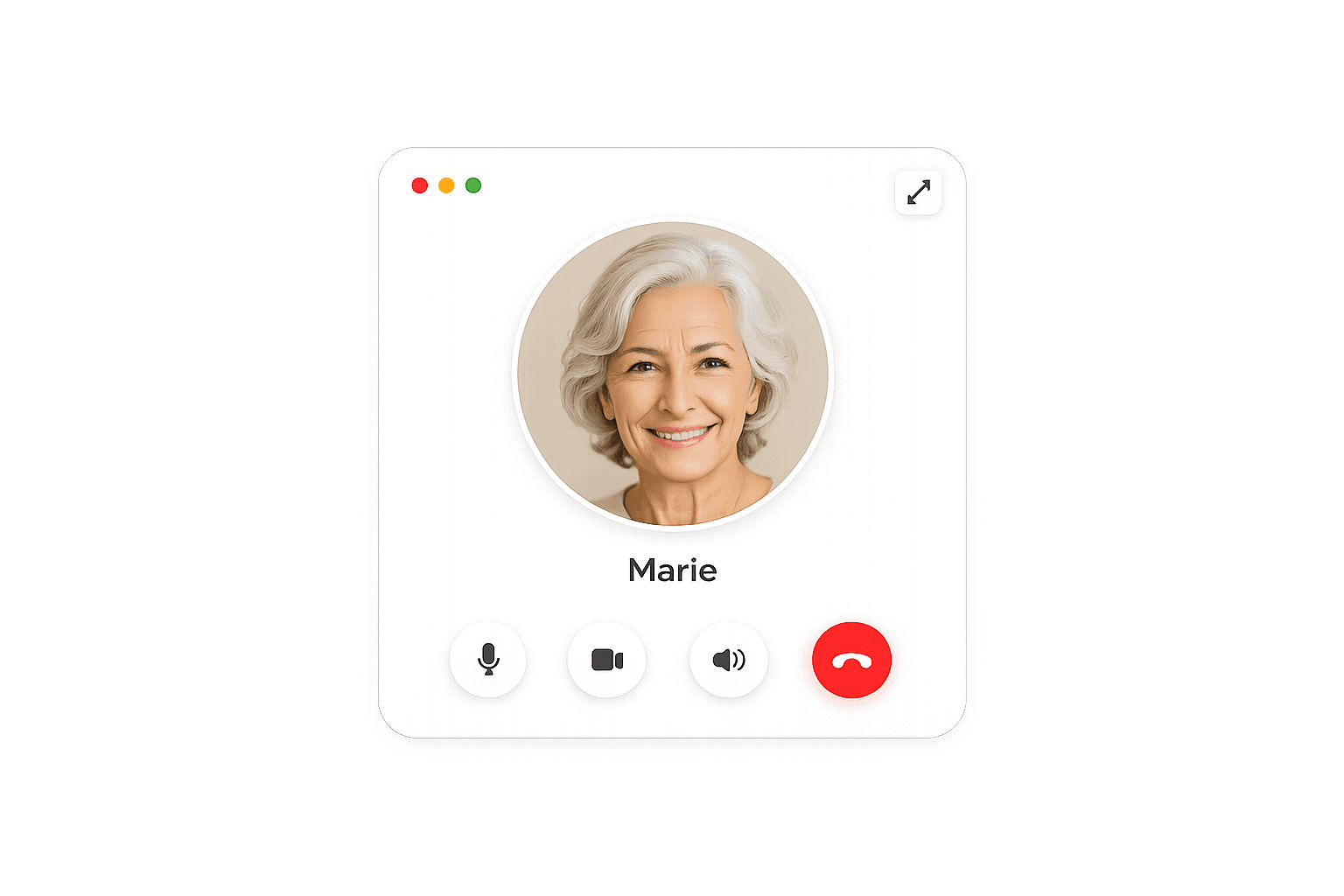 A mock-up of a call window: an older woman, smiling, mid-conversation.